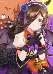  animal_ears bad_id bad_pixiv_id bat_(animal) black_bow black_bowtie black_gloves black_hair black_skirt black_wings blue_flower blue_rose bow bowtie brooch closed_mouth collared_shirt commentary demon_wings female flower frilled_hairband frills ghost gloves hair_flower hair_ornament hair_over_one_eye hairband halloween halloween_costume highres horse_ears horse_girl horse_tail jack-o&#039;-lantern_ornament jewelry kakerayuri long_hair looking_at_viewer oerba_yun_fang orange_bow outdoors own_hands_together puffy_short_sleeves puffy_sleeves purple_eyes purple_hairband rice_shower_(make_up_vampire!)_(umamusume) rice_shower_(umamusume) rose shirt short_sleeves silk skirt sky smile solo spider_web star_(sky) tail twitter_username umamusume upper_body white_shirt wings 