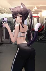  :3 absurdres animal_ear_fluff animal_ears arched_back ass back back_cutout bare_arms bare_shoulders black_eyes black_hair black_pants breasts cat_cutout cat_ears cat_girl cat_tail clothing_cutout commentary_request cowboy_shot crop_top exercise_machine female from_behind gym highres long_hair looking_at_viewer looking_back medium_breasts midriff nannung original pants pantylines ponytail sleeveless smile solo spaghetti_strap sports_bra standing tail tail_raised white_sports_bra yoga_pants 