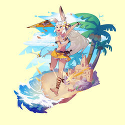  absurdres animal_ears bare_shoulders barefoot beach bird blue_eyes blue_sky bracelet cloud crab dragalia_lost female full_body highres jewelry kite kite_flying kuonn long_hair ocean official_style palm_tree rabbit_ears running sand sand_castle sand_sculpture sarisse_(dragalia_lost) sky solo swimsuit tree water white_hair 