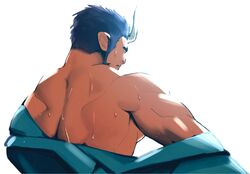  1boy back back_focus bara beard blue_kimono demon_boy demon_horns facial_hair facing_away from_behind highres horns japanese_clothes kansuke_(kansuke_717) kimono live_a_hero male_focus mature_male muscular muscular_male nessen_(live_a_hero) pectorals short_hair sidepec single_bare_shoulder solo sweat thick_eyebrows undressing upper_body very_sweaty 