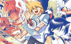  1boy :d blonde_hair blush brown_eyes card clenched_hand commentary_request duel_disk hair_between_eyes jonouchi_katsuya koma_yoichi male_focus multiple_views open_mouth pants shirt short_sleeves smile t-shirt teeth tongue yu-gi-oh! yu-gi-oh!_duel_monsters 