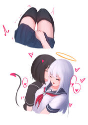  2girls absurdres angel angel_and_devil angel_girl_(shimmer) black-haired_demon_girl_(shimmer) black_hair black_shirt black_thighhighs breasts closed_eyes commentary demon_horns demon_tail halo heart highres horns kissing long_hair medium_breasts multiple_girls open_mouth original pleated_skirt sailor_collar school_uniform serafuku shimmer shirt short_hair short_sleeves simple_background skirt symbol-only_commentary tail thighhighs white_background white_shirt yuri 