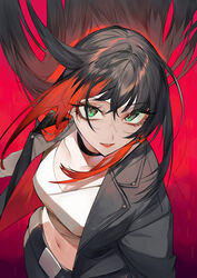  belt black_choker black_hair black_jacket breasts choker cleavage collarbone female from_above gradient_hair green_eyes indie_virtual_youtuber jacket kotobuki_(medetai) lipstick long_hair long_sleeves looking_at_viewer looking_up makeup momose_hibana multicolored_hair navel open_clothes open_jacket parted_lips photoshop_(medium) red_hair red_lips red_theme shirt solo upper_body very_long_hair virtual_youtuber white_shirt 