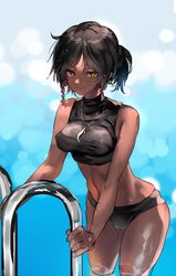  arknights bad_id bad_twitter_id bikini black_bikini black_hair braid breasts dark-skinned_female dark_skin female genderswap_(mtf) highres hominamia inactive_account jewelry looking_at_viewer medium_breasts necklace parted_lips partially_submerged ponytail pool_ladder rule_63 side_braid solo sports_bikini swimsuit thorns_(arknights) water wet yellow_eyes 