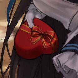  blue_archive bow box breasts close-up female gg_amang gift gift_box gift_wrapping gloves heart-shaped_box highres karin_(blue_archive) long_hair skirt solo 