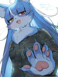  2023 3:4 5_fingers ahoge anthro blue_body blue_fur blue_hair blush breasts camo camo_clothing camo_print claws clothed clothing cute_fangs digital_media_(artwork) domestic_cat felid feline felis female female_anthro finger_claws fingers fluffy fur hair heterochromia hi_res jacket japan_air_self-defense_force japanese_text kemono long_hair looking_at_viewer low-angle_view male_(lore) mammal mochi_0418_e mtf_crossgender neck_tuft omaneko_(jasdf) open_mouth pattern_clothing pawpads pupils red_eyes rule_63 slit_pupils solo text tongue topwear translation_request tuft white_body white_fur yellow_eyes 