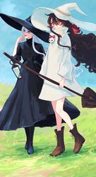  2girls black_dress black_footwear black_hair black_headwear blue_eyes blue_sky boots borrowed_character bow broom brown_footwear creature creature_on_shoulder day dress dyuba000 expressionless full_body grass gregor_(tsurunoka) hair_between_eyes hairbow hat highres holding holding_broom lead_white_(tsurunoka) long_dress long_hair multiple_girls on_shoulder open_mouth original outdoors protected_link red_bow red_eyes shadow sky standing white_dress white_hair white_headwear witch witch_hat 