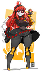  android bayeuxman breasts cameltoe fangs female full_body highres joints mecha_musume mimi-sentry_(flyingpiggles) original paid_reward_available red_hair robot_joints sidelocks skirt smoke solo standing team_fortress_2 variant_set 