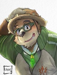  2021 3:4 anthro bear blush brown_body brown_fur clothing eyewear fur glasses hat headgear headwear humanoid_hands kemono lhjal2 lifewonders male mammal shirt simple_background solo straw_hat tokyo_afterschool_summoners topwear volos_(tas) white_background 