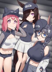  3girls :o alternate_costume animal_ears bare_shoulders black-framed_eyewear black_hair black_headwear black_shirt black_shorts blue_eyes blunt_bangs boc&#039;z_(umamusume) braid breasts bridal_gauntlets brown_hair camisole cleavage closed_mouth coat commentary_request covered_collarbone covered_navel cowboy_shot crop_top crop_top_overhang crown_braid factory314 flower_in_eye glasses grey_pants grin groin hair_between_eyes hair_over_one_eye hair_rings hands_in_pockets haru_urara_(umamusume) hat highres horse_ears horse_girl horse_tail large_breasts long_hair long_sleeves looking_at_viewer medium_breasts midriff miniskirt multiple_girls navel off_shoulder official_alternate_costume pants parted_lips pink_eyes pink_hair pleated_skirt ponytail purple_eyes rice_shower_(boc&#039;z)_(umamusume) rice_shower_(umamusume) see-through see-through_sleeves shadow shirt short_shorts shorts shrug_(clothing) side_braid sidelocks single_bare_shoulder single_bridal_gauntlet single_sleeve skirt sleeveless sleeveless_shirt smile standing symbol_in_eye tail teeth tilted_headwear turtleneck umamusume white_camisole white_coat white_skirt zenno_rob_roy_(umamusume) 