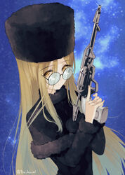  black_coat black_hat blonde_hair blue_sky coat coke-bottle_glasses cosmo_dragoon energy_gun female fur_hat ginga_tetsudou_999 girls_und_panzer glasses hat holding holding_weapon long_hair long_sleeves looking_at_viewer maetel nekonyaa_(girls_und_panzer) science_fiction sky solo ushanka weapon yellow_eyes yurikuta_tsukumi 