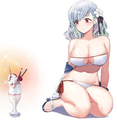  bare_shoulders bikini breasts cleavage cleavage_cutout clothing_cutout commentary dessert duplicate female flower food girls&#039;_frontline grey_hair hair_flower hair_ornament hair_ribbon hyury ice_cream large_breasts long_hair looking_to_the_side off_shoulder official_alternate_costume orange_background parfait photoshop_(medium) pixel-perfect_duplicate red_eyes ribbon side-tie_bikini_bottom simple_background sitting slippers spas-12_(girls&#039;_frontline) spas-12_(midsummer_fruit)_(girls&#039;_frontline) strapless strapless_bikini sundae swimsuit thighs two-tone_background white_background white_bikini 