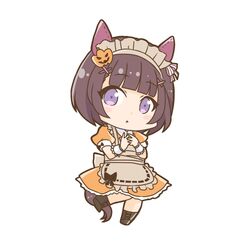  animal_ears apron brown_apron brown_hair chibi dress enonko female full_body halloween_costume horse_ears horse_girl horse_tail looking_at_viewer maid maid_apron maid_headdress nishino_flower_(umamusume) open_mouth orange_dress purple_eyes short_hair short_sleeves simple_background solo tail umamusume white_background 