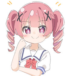  alternate_hairstyle blush bow closed_mouth commentary_request cropped_torso female hair_ornament hand_up highres kapuru_0410 looking_at_viewer notice_lines pink_hair puffy_short_sleeves puffy_sleeves purple_eyes red_bow ringlets school_uniform shirt short_sleeves simple_background smile solo tanemura_koyori twintails upper_body watashi_ni_tenshi_ga_maiorita! white_background white_shirt x_hair_ornament 