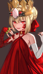  ahoge bare_shoulders blonde_hair braid breasts crown dress elbow_gloves facial_mark fate/grand_order fate_(series) female fingerless_gloves french_braid gloves gold_crown hair_bun hair_intakes hair_ribbon highres long_hair looking_at_viewer nero_claudius_(fate) open_mouth pointed_crown queen_draco_(fate) queen_draco_(first_ascension)_(fate) red_dress red_eyes red_ribbon ribbon scales shinsaku_(stan-art) single_glove small_breasts smile solo white_gloves 