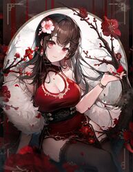  bare_shoulders black_hair black_thighhighs branch breasts china_dress chinese_clothes cleavage cleavage_cutout closed_mouth clothing_cutout dress earrings feather_boa female flower hair_flower hair_ornament hand_up jewelry large_breasts long_hair looking_at_viewer mole mole_on_breast original panty_straps pelvic_curtain petals red_dress red_eyes red_flower sitting sleeveless sleeveless_dress smile solo thighhighs thighs ttosom wristband 