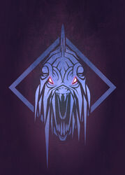  absurdres dragon glowing glowing_eyes highres logo monster monster_hunter:_world monster_hunter_(series) no_humans open_mouth purple_background red_eyes sharp_teeth simple_background tacuyanjun teeth the_witcher_(series) the_witcher_3 thorns vaal_hazak 