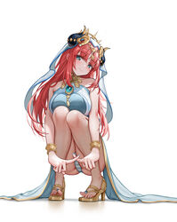  absurdres aqua_eyes bare_arms bare_shoulders blue_nails bracer breasts brooch circlet closed_mouth fake_horns feet female full_body genshin_impact gold_footwear harem_outfit head_tilt heart heart-shaped_pupils high_heels highres horns jewelry large_breasts legs long_hair looking_at_viewer nail_polish neck_ring nilou_(genshin_impact) no_detached_sleeves panties parted_bangs red_hair sandals simple_background skirt sleeveless smile squatting striped_clothes striped_panties symbol-shaped_pupils thighs toes ttkaki twintails underwear veil white_background 