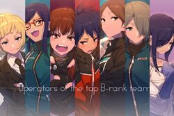  6+girls ;d annotated azuma_squad&#039;s_uniform black_hair black_jacket black_necktie blonde_hair blue_eyes blue_jacket bob_cut brown_eyes brown_hair claw_pose closed_mouth collarbone collared_shirt column_lineup cosplay crossed_arms echo_(circa) embarrassed english_text eyelashes fangs formal glasses gloves hair_over_one_eye hand_up hands_up hitomi_mako hiyami_aki hosoi_maori ikoma_squad&#039;s_uniform jacket kageura_squad&#039;s_uniform kittaka_haya light_brown_hair long_hair long_sleeves looking_at_viewer mikumo_squad&#039;s_uniform multiple_girls nasu_squad&#039;s_uniform necktie nervous ninomiya_squad&#039;s_uniform nire_hikari one_eye_closed one_eye_covered open_mouth ouji_squad&#039;s_uniform purple_gloves purple_hair reaching reaching_towards_viewer red-framed_eyewear red_eyes red_jacket shiki_sayoko shirt short_hair simple_background smile suit sweat thinking turtleneck uniform upper_body usami_shiori white_gloves white_shirt world_trigger zipper 