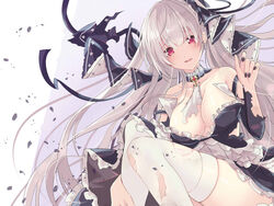  ascot azur_lane black_dress black_nails black_ribbon blush breasts cleavage collarbone commentary detached_collar dress earrings female formidable_(azur_lane) grey_hair hair_ribbon hakazenanato jewelry large_breasts long_hair looking_at_viewer nail_polish necktie open_mouth red_eyes ribbon simple_background smile solo strap_slip thighhighs thighs torn_clothes torn_dress torn_necktie torn_thighhighs twintails white_ascot white_background white_hair white_thighhighs 