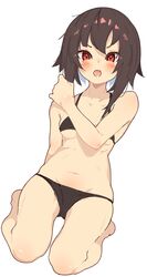  arm_support bad_id bad_twitter_id bare_shoulders bikini black_bikini blush breasts brown_hair collarbone female groin hair_between_eyes halterneck hand_up highres kono_subarashii_sekai_ni_shukufuku_wo! looking_at_viewer lowleg lowleg_bikini megumin navel oerba_yun_fang open_mouth rasusurasu red_eyes short_hair_with_long_locks simple_background sitting skin_fang skindentation small_breasts solo stomach swimsuit tsurime underboob unfinished v-shaped_eyebrows wariza white_background 