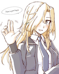  black_jacket black_necktie blonde_hair bomber_jacket breasts commentary_request dress_shirt english_text female grey_eyes hair_over_one_eye highres hornet_(kancolle) jacket kantai_collection large_breasts long_hair looking_at_viewer necktie shirt simple_background solo speech_bubble tatahai waving white_background white_shirt 