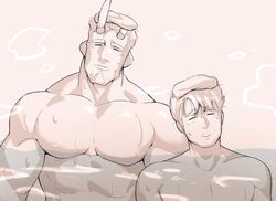  2boys =_= bara beard broken_horn brown_theme demon_boy demon_horns facial_hair happy highres horns kansuke_(kansuke_717) large_pectorals live_a_hero male_focus male_protagonist_(live_a_hero) mature_male multiple_boys muscular muscular_male nessen_(live_a_hero) nipples nude onsen pectorals relaxing same-sex_bathing shared_bathing short_hair thick_eyebrows towel towel_on_head upper_body 