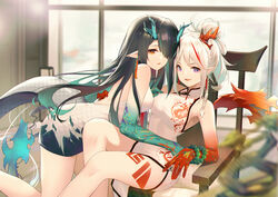  2girls :d absurdres arknights ass bare_arms bare_legs bare_shoulders bead_bracelet beads black_hair bracelet braid breasts china_dress chinese_clothes chinese_commentary colored_skin commentary_request dress dusk_(arknights) gradient_skin green_skin hair_over_one_eye highres horns jewelry jiusan_naitang looking_at_viewer medium_breasts multicolored_hair multiple_girls nian_(arknights) nian_(unfettered_freedom)_(arknights) official_alternate_costume open_mouth parted_lips pointy_ears red_hair red_skin siblings sisters sleeveless sleeveless_dress smile streaked_hair tail thighs white_dress white_hair yuri 