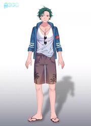  1boy 3di_project closed_mouth collared_shirt full_body gradient_background green_hair highres jortun_leventor loose_clothes male_focus official_art red_eyes rigu_(3di) shadow shirt short_sleeves shorts slippers solo sunglasses virtual_youtuber white_shirt 