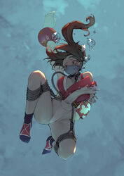  air_bubble arms_behind_back asphyxiation black_socks blush bondage bondage bondage bound bound_arms breasts brown_hair bubble commission drowning fatal_fury female frogtie highleg highleg_panties highres holding_breath large_breasts long_hair looking_at_viewer mask mouth_mask panties pelvic_curtain peril ponytail restrained rope rou_(rou22) sash shibari_over_clothes shiranui_mai socks solo the_king_of_fighters underwater underwear very_long_hair white_panties 