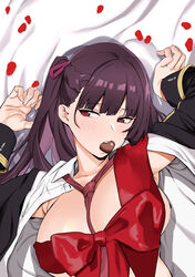  absurdres banssee bed_sheet blush bound braid breasts candy chocolate female food girls&#039;_frontline hand_up heart heart-shaped_chocolate highres jacket large_breasts necktie one_side_up open_clothes open_jacket open_mouth petals red_eyes ribbon ribbon_bondage solo valentine wa2000_(girls&#039;_frontline) 