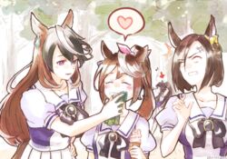  4girls ^^^ air_groove_(umamusume) anger_vein animal_ears bandaid bandaid_on_face bandaid_on_nose black_hair bow bowtie brown_hair closed_eyes collarbone commentary earrings food food_on_face hair_flaps handkerchief heart high_ponytail highres holding holding_handkerchief horse_ears horse_girl horse_tail ice_cream jewelry long_hair mouth_hold multiple_girls musical_note narita_brian_(umamusume) pink_bow pleated_skirt puffy_short_sleeves puffy_sleeves purple_bow purple_bowtie purple_eyes purple_shirt sailor_collar sailor_shirt school_uniform shirt short_sleeves sidelocks single_earring skirt spoken_heart spoken_musical_note stalk_in_mouth summer_uniform symboli_rudolf_(umamusume) tail thighhighs tokai_teio_(umamusume) tracen_school_uniform umamusume white_hair white_skirt wiping_mouth yellow_bow yuhkiano 