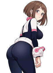  absurdres ass black_bodysuit bodysuit boku_no_hero_academia breasts brown_eyes brown_hair closed_mouth commentary expressionless female from_side highres kobaji light_blush looking_at_viewer medium_breasts medium_hair multicolored_bodysuit multicolored_clothes sidelocks simple_background skin_tight solo superhero_costume uraraka_ochako white_background white_bodysuit 