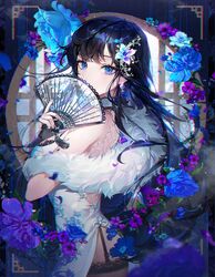  backless_dress backless_outfit bare_shoulders black_hair blue_eyes blue_flower breasts china_dress chinese_clothes choker chromatic_aberration commentary_request covering_own_mouth cowboy_shot dress earrings feather_boa female floating_hair flower folding_fan from_side garter_straps hair_flower hair_ornament hairclip hand_fan holding holding_fan jewelry large_breasts long_hair looking_at_viewer original pelvic_curtain purple_flower sleeveless sleeveless_dress solo standing thighhighs ttosom white_choker white_dress 