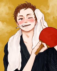  1boy bad_id bad_twitter_id black_robe blush brown_eyes brown_hair highres holding holding_paddle male_focus mush_machou one_eye_closed original paddle parted_lips robe short_hair smoke smoking solo table_tennis_paddle towel upper_body 