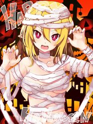  alternate_costume alternate_hairstyle bandages blonde_hair breasts commentary_request cosplay demon_girl disgaea female halloween happy_halloween highres iwashi_dorobou_-r- looking_at_viewer makai_senki_disgaea_2 medium_breasts naked_bandage navel open_mouth pointy_ears red_eyes rozalin sidelocks slit_pupils solo 