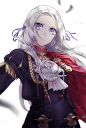  black_jacket capelet closed_mouth commentary_request edelgard_von_hresvelg female fire_emblem fire_emblem:_three_houses floating_hair frown garreg_mach_monastery_uniform hair_ribbon jacket long_hair looking_at_viewer motion_blur nakapipo petals purple_eyes purple_ribbon red_capelet ribbon solo upper_body very_long_hair white_background white_hair 