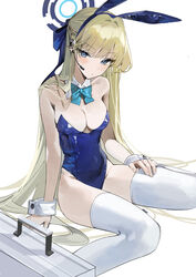  absurdres animal_ears aqua_bow aqua_bowtie bare_shoulders blonde_hair blue_archive blue_eyes blue_halo blue_leotard blush bow bowtie breasts buri_(retty9349) cleavage closed_mouth detached_collar fake_animal_ears female halo headset highleg highleg_leotard highres leotard long_hair looking_at_viewer medium_breasts official_alternate_costume playboy_bunny rabbit_ears simple_background sitting solo strapless strapless_leotard thighhighs thighs toki_(blue_archive) toki_(bunny)_(blue_archive) white_background white_thighhighs 