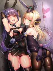  2girls :d armpits arms_behind_head ass bare_shoulders baselard black_gloves black_legwear blonde_hair breasts character_request cleavage commentary_request doyouwantto dress elbow_gloves frame_arms_girl gloves green_eyes grin headgear leotard long_hair multiple_girls navel oerba_yun_fang open_mouth panties pantyhose purple_hair red_eyes see-through smile striped_clothes striped_panties thighhighs underwear 