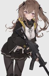  bad_id bad_twitter_id black_gloves black_jacket black_pantyhose black_ribbon black_skirt blush breasts brown_eyes brown_hair closed_mouth commentary cowboy_shot english_commentary female fingerless_gloves girls&#039;_frontline gloves grey_background gun hair_between_eyes hair_ornament hair_ribbon hairclip highres holding holding_gun holding_weapon hood hooded_jacket jacket knee_pads long_hair looking_at_viewer medium_breasts midriff_peek miniskirt open_clothes open_jacket pantyhose pleated_skirt ribbon rippootai scar scar_across_eye scar_on_face shirt simple_background skirt smile solo strap submachine_gun twintails ump9_(girls&#039;_frontline) weapon white_shirt 