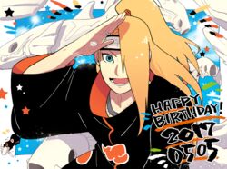  2boys :d akatsuki_uniform animal black_hair blonde_hair blue_eyes border clay deidara_(naruto) element_bending explosive extra_mouth fish forehead_protector geokinesis hair_over_one_eye hand_mouth happy_birthday jewelry long_hair long_sleeves looking_at_viewer lower_teeth_only magic male_focus mask multiple_boys naruto_(series) naruto_shippuuden ninja open_mouth ponytail ring salute smile teeth tobi_(naruto) tongue yazaki_(yazakc) 