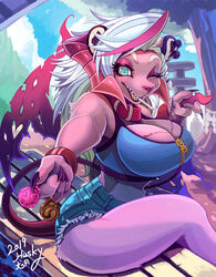  2019 4_fingers anthro bench big_breasts blue_eyes bottomwear bracelet braided_hair breasts candy claws cleavage clothed clothing collar cutoffs dated day demon denim denim_bottomwear denim_clothing dessert digital_media_(artwork) ear_piercing felid feline felis female fingers food fur hair hi_res holding_object holding_tail horn humanoid_hands hybrid inutsukihasukii jewelry kemono lollipop looking_at_viewer mammal notched_wings offering_food offering_to_viewer one_eye_closed outside park_bench piercing pink_body pink_fur pointed_tail portrait sharp_teeth shorts signature sitting smile solo spread_wings tail teeth three-quarter_portrait white_hair wings wink zipper 