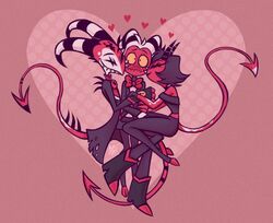  ave_draws bisexual black_hair blitzo_(helluva_boss) blush closed_eyes demon demon_humanoid female group hair heart_symbol helluva_boss hi_res horn hug humanoid imp larger_male male male/female male/male millie_(helluva_boss) moxxie_(helluva_boss) not_furry polyamory red_body red_skin romantic romantic_polycule sharp_teeth size_difference smaller_male smile spade_tail tail teeth trio white_body white_hair white_skin yellow_sclera 