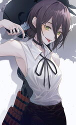  :p absurdres armpits belt black_belt black_choker black_hair black_pants black_ribbon bomb bomb_devil_(chainsaw_man) breasts chainsaw_man choker collared_shirt commentary cowboy_shot dynamite explosive female ginong green_eyes grenade_pin hair_between_eyes hair_bun hand_up highres looking_at_viewer medium_breasts medium_hair neck_ribbon open_mouth pants reze_(chainsaw_man) ribbon shirt sideboob single_hair_bun sleeveless sleeveless_shirt solo teeth tongue tongue_out white_shirt 