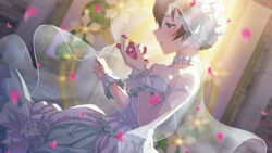  arm_ribbon backlighting bad_id bad_pixiv_id bare_shoulders blurry blurry_background bow breasts bridal_veil brown_hair choker collarbone commentary_request depth_of_field dress dress_flower dutch_angle female floral_print flower frilled_choker frills from_side green_eyes hair_between_eyes hairbow hands_up holding holding_petal idolmaster idolmaster_million_live! idolmaster_million_live!_theater_days indoors layered_dress light_blush light_particles looking_away looking_down medium_breasts mishio parted_lips petals print_dress profile ribbon rose_petals sakuramori_kaori see-through short_hair solo standing strapless strapless_dress upper_body veil wedding_dress white_bow white_choker white_dress white_flower white_ribbon wrist_cuffs 