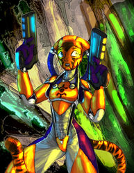  alien anthro armor bodysuit breasts clixsposing_kitraandra clothing felid female fur gun jumpsuit kitraandra liquidmark mammal orange_body orange_fur pantherine ranged_weapon skinsuit solo tiger tight_clothing unitard varkeeg weapon 