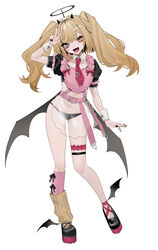  ankle_wings apron arm_up bebe_(bebe_pp) black_footwear black_horns black_nails black_panties blonde_hair chest_apron commentary demon_girl detached_collar fake_halo female frills full_body halloween halo highres horns kneehighs loose_socks low_wings nail_polish necktie original panties puffy_short_sleeves puffy_sleeves red_necktie see-through see-through_apron shoes short_sleeves simple_background single_kneehigh single_loose_sock single_sock smile socks solo twintails underwear w white_background wings wrist_cuffs yami_kawaii 