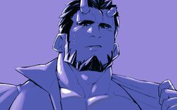  1boy bara beard bright_pupils broken_horn collared_shirt demon_boy demon_horns facial_hair highres horns kansuke_(kansuke_717) large_pectorals live_a_hero looking_at_viewer male_focus mature_male muscular muscular_male nessen_(live_a_hero) pectoral_cleavage pectorals purple_theme shirt short_hair solo sweat thick_eyebrows thick_neck undressing upper_body 