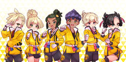  2girls 4boys :d asymmetrical_bangs bad_id bad_pixiv_id bede_(pokemon) black_choker black_hair black_shorts blonde_hair braid brother_and_sister choker clenched_hands commentary_request curly_hair ggyoku gladion_(pokemon) gloves green_eyes hair_over_one_eye hair_ribbon hau_(pokemon) highres hop_(pokemon) lillie_(pokemon) looking_at_viewer marnie_(pokemon) master_dojo_uniform multiple_boys multiple_girls open_mouth pokemon pokemon_sm pokemon_swsh purple_eyes ribbon short_hair shorts siblings smile teeth tongue white_gloves wristband zipper_pull_tab 