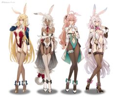  4girls ahoge animal_ears anklet artist_name bare_shoulders blonde_hair bow bowtie bridal_gauntlets commentary_request dark-skinned_female dark_skin detached_collar detached_sleeves fate/grand_order fate_(series) full_body genderswap_(mtf) gilgamesh_(fate) gloves green_eyes grey_hair hair_between_eyes high_heels highres jewelry leotard long_hair long_sleeves looking_at_viewer merlin_(fate) multiple_girls navel necktie nekohanemocha pantyhose pink_hair playboy_bunny ponytail purple_eyes rabbit_ears rabbit_girl rabbit_tail red_eyes romani_archaman rule_63 see-through shadow shrug_(clothing) simple_background solomon_(fate) standing strapless strapless_leotard tail thigh_strap thighhighs twitter_username very_long_hair watermark white_background white_hair yellow_eyes 